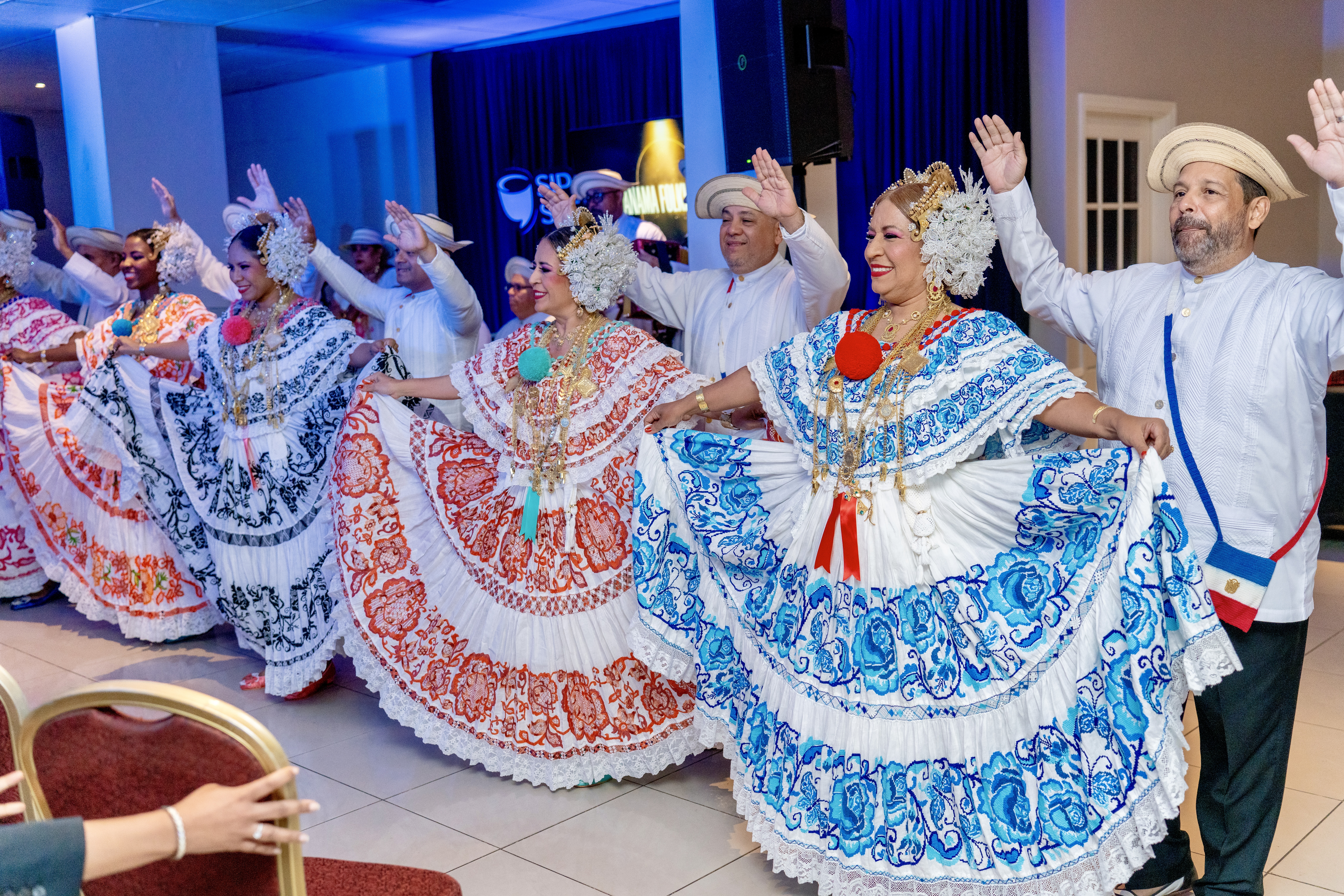 Panama's national folkloric ensemble in traditional pollera dress at Sip and Speak